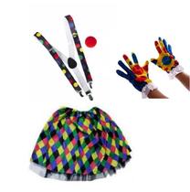 Fantasia Palhaça Saia Suspensório Nariz Luvas - 4 Peças