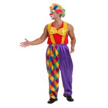 Fantasia Palhaço Adulto Carnaval Colorido com Peruca + Nariz