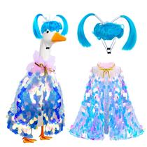 Fantasia Porch Goose, peruca azul Voccos e capa de lantejoulas arco-íris Fantasia Porch Goose, peruca azul Voccos e capa de lantejoulas arco-íris