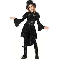 Fantasia pra Menina de Halloween Infantil Bruxa Feiticeira Gótica Medieval Vestido Preto com Mangas Boca de Sino e Fivelas Fantasia pra Menina de Halloween Infantil Bruxa Feiticeira Gótica Medieval Vestido Preto com Mangas Boca de Sino e Fivelas