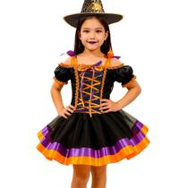 Fantasia pra Meninas de Halloween Vestido Bruxa Super Luxo com Corselete Ajustável