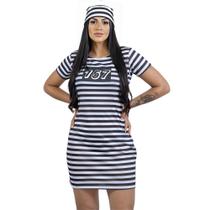 Fantasia Presidiária Adulto Vestido Com Manga Curta Listrado Fantasia Presidiária Adulto Vestido Com Manga Curta Listrado