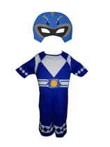 Fantasia Roupa Infantil Power Rangers Azul Curto Com Enchimento e Máscara
