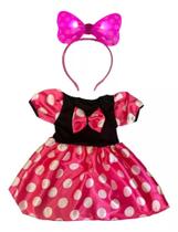 Fantasia Roupa Infantil Vestido Minnie Tiara Led Rosa Ou Vermelha