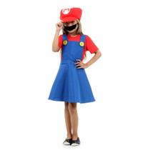 Fantasia Super Mario Feminina Infantil Luxo com Chapéu e Bigode
