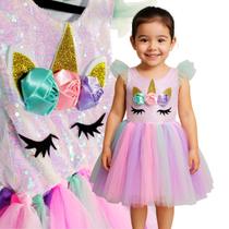 Fantasia Unicórnio Infantil Colorida com Vestido em Tule Multicolorido Tamanho P