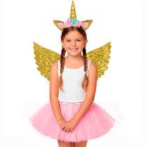 Fantasia Unicórnio Infantil pra Menina Kit Saia Asa e Tiara com Chifre