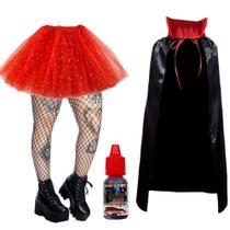 Fantasia Vampira Saia De Tule Meia Rastão Capa e Sangue falso