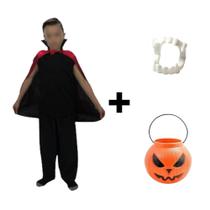 Fantasia Vampiro Infantil Conde Drácula com Capa e Dentadura e Balde Abobora para Doces Halloween