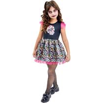 Fantasia Vestido Infantil Halloween Caveira Mexicana Festa Cosplay