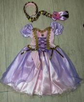 Fantasia Vestido Infantil Rapunzel Enrolados Super Luxo Com Tiara e Luvas