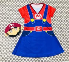 Fantasia Vestido Infantil Super Mario Menina com máscara