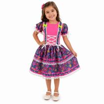 Fantasia Vestido Junino Infantil - Rosa Neon - Flores - P