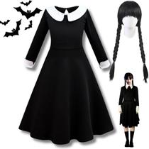 Fantasia Vestido Wandinha Halloween Addams Infantil Criança + Peruca Fantasia Vestido Wandinha Halloween Addams Infantil Criança + Peruca