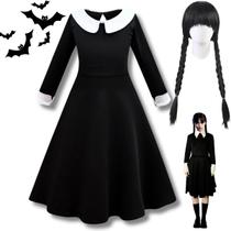 Fantasia Vestido Wandinha Halloween Addams Infantil Criança + Peruca