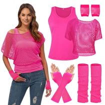 Fantasia WILDPARTY Anos 80 - Mulher - Decote Off Shoulder Rosa com Renda Fishnet Neon