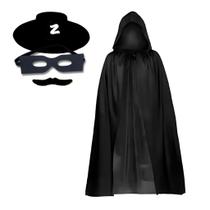 Fantasia Zorro Masculina Feminina Chapéu Capa Máscara Bigode Preto Halloween Carnaval