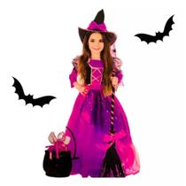 Fantasias Bruxinha Kit Vestido de Tule Chapéu Hallowen