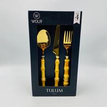 Faqueiro 12 Peças com Cabo de Bambu Tulum Dourado em Aço Inox Wolff