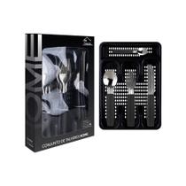 Faqueiro 17 Peças Com Porta Talher Preto Aço Inox Cabos Ergonômicos Organização Cozinha Refeição Completa Durável Elegante Prático