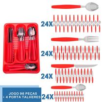 Faqueiro 96 Pçs C/ 4 Porta Talheres Vermelho Aço Inox Berlim Faqueiro 96 Pçs C/ 4 Porta Talheres Vermelho Aço Inox Berlim