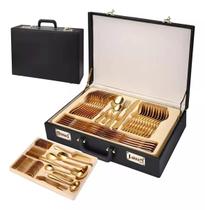 Faqueiro Aço Inox 72pçs Dourado Caixa Madeira Luxo Faqueiro Aço Inox 72pçs Dourado Caixa Madeira Luxo