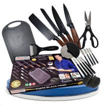 Faqueiro Churrasco Premium 17 peças Moncoc Luciano Szafir Swiss Tabua Corte Tesoura Descascador Corta Pizza Afiador Black Prime