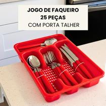 Faqueiro Conjunto Jogo de Talheres 25 Peças Aço Inox com Porta Talher Branco Preto ou Vermelho