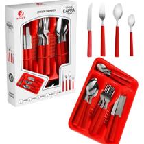 Faqueiro Conjunto Jogo de Talheres Aço Inox Cabos de Plástico 25 Peças Vermelho com Bandeja Gaveteiro