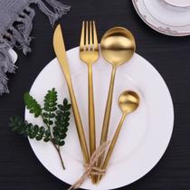 Faqueiro De Aço Inoxidável 24 Peças Dourado Jogo de Talheres P/ Festa Jantar Salada Cozinha Buffet