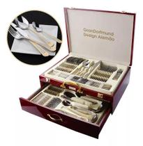 Faqueiro Inox 84 Peças Detalhe Dourado Luxo Vermelho