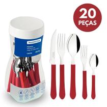 Faqueiro Jogo De Talheres 20 Peças Aço Inox Leme Tramontina Cabo Vermelho Colher Garfo Faqueiro Sortidos Cozinha