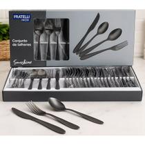 Faqueiro Jogo Talheres Black Aço Inox 24 Peças Sofisticado Durável Moderno Mesa Posta Jantar Almoço Churrasco Sunshine Faqueiro Jogo Talheres Black Aço Inox 24 Peças Sofisticado Durável Moderno Mesa Posta Jantar Almoço Churrasco Sunshine