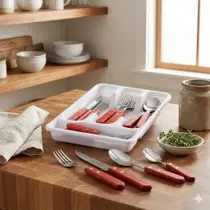 Faqueiro Jogo Talheres Cabo Madeira Porta Talher 25 Peças