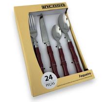 Faqueiro Kit Talheres 24 Peças Bambu Rústico Bordô Aço Inox