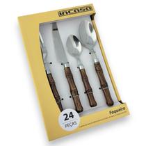 Faqueiro Kit Talheres 24 Peças Bambu Rústico Escuro Aço Inox Faqueiro Kit Talheres 24 Peças Bambu Rústico Escuro Aço Inox