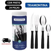 Faqueiro New Kolor Tramontina 24 peças em aço inoxidável, cabo de polipropileno preto, azul e vermelho