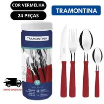 Faqueiro New Kolor Tramontina 24 peças em aço inoxidável, cabo de polipropileno preto, azul e vermelho