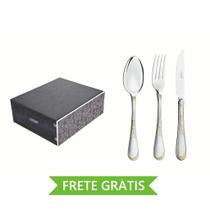 Faqueiro Renascença 130 Peças em Aço Inox e Detalhes em Ouro com Facas de Mesa e Estojo de Madeira Tramontina 66929/242