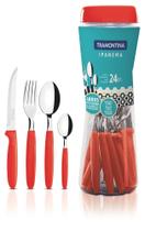 Faqueiro Tramontina Ipanema Lâminas Aço Inox Cabos de Polipropileno Vermelho com Pote Plástico 24pçs