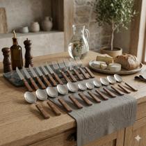 Faqueiro Tramontina Tradicional 24 Peças Aço Inox Cabo Madeira Natural Lâminas com Tratamento Térmico Original com Nota Fiscal Faqueiro Tramontina Tradicional 24 Peças Aço Inox Cabo Madeira Natural Lâminas com Tratamento Térmico Original com Nota Fiscal
