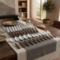 Faqueiro Tramontina Tradicional 24 Peças Aço Inox com Cabos de Madeira Natural Marrom Talheres Premium