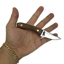 Faquinha faca 01 artesanal 14,5cm lâmina aço inox cabo madeira detalhe rustico + bainha de couro para cinto trabalho