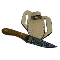 Faquinha faca 01 craquelada artesanal 14,5cm lâmina aço inox cabo madeira detalhe rustico + bainha de couro para cinto