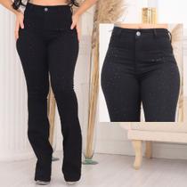 Faraya Jeans Calça Flare Preta com strass/brilho aplicação Cintura alta com lycra modela bumbum tendência rodeio