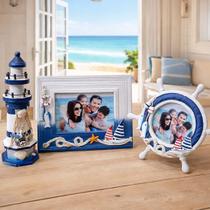 Farol Com Porta Retratos Náutico Decoração Marítimo Kit 3pçs
