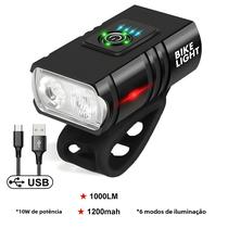 Farol de Bicicleta Recarregável USB 1000lm - Lanterna Frontal LED T6 com Feixe Alto