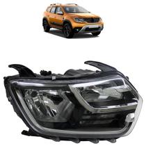 Farol Dianteiro Duster Oroch 2021 2022 2023 2024 Led Máscara Cromada Lente Lisa Acrílico Moldura Cromada Foco Duplo