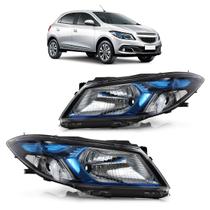 Farol Dianteiro Onix Prisma Lt Ltz Joy 2013 2014 2015 2016 207 2018 2019 Máscara Negra Moldura Azul Lente Lisa Acrílico