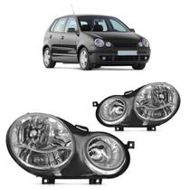 Farol Dianteiro Polo Hatch 2003 2004 2005 2006 Máscara Cromada Lente Lisa Acrílico Foco Duplo Carcaça Preta
